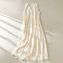 Buddha Stones Summer Elegant Casual Minimalist Lines Solid V-Neck Women's Summer Sleeveless Dress With Pockets - Beige - US12，UK/AU16，EU44 (2XL) - image 0