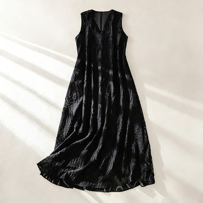 Buddha Stones Summer Elegant Casual Minimalist Lines Solid V-Neck Women's Summer Sleeveless Dress With Pockets - Black - US12，UK/AU16，EU44 (2XL) - image 11