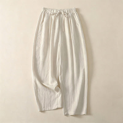 Buddha Stones Summer Casual Drawstring Solid Cropped Pants Women's Wide Leg Pants With Pocket - Beige - US12, UK/AU16, EU44 (3XL) - image 10