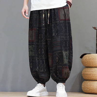 Buddha Stones Summer Boho Casual Drawstring Geometric Cropped Pants Men's Harem Pants With Pocket - image 44