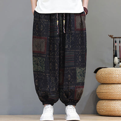 Buddha Stones Summer Boho Casual Drawstring Geometric Cropped Pants Men's Harem Pants With Pocket - image 49