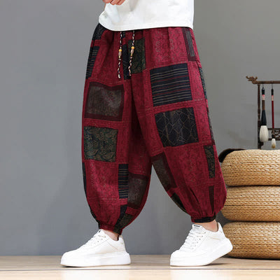 Buddha Stones Summer Boho Casual Drawstring Geometric Cropped Pants Men's Harem Pants With Pocket - FireBrick - US/UK/AU46, EU56 (5XL) - image 31