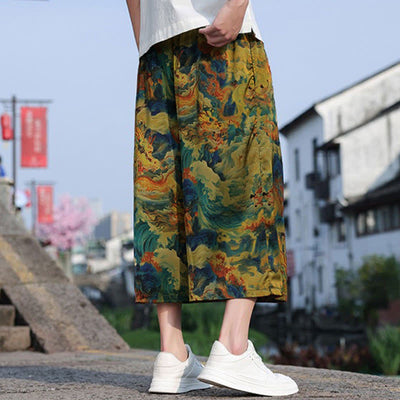 Buddha Stones Summer Vintage Casual Drawstring Crane Print Men's Cropped Pants With Pocket - image 4
