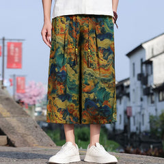 Buddha Stones Summer Vintage Casual Drawstring Crane Print Men's Cropped Pants With Pocket - DarkTurquoise - US/UK/AU48, EU58 (5XL) - image 0