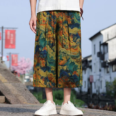 Buddha Stones Summer Vintage Casual Drawstring Crane Print Men's Cropped Pants With Pocket - DarkTurquoise - US/UK/AU48, EU58 (5XL) - image 0