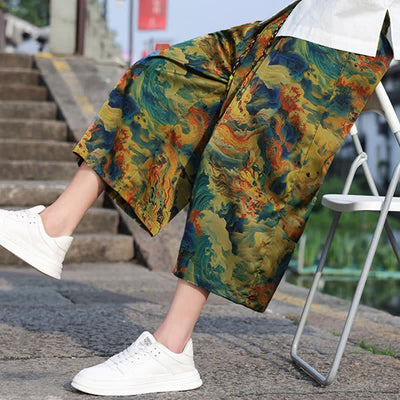 Buddha Stones Summer Vintage Casual Drawstring Crane Print Men's Cropped Pants With Pocket - image 5