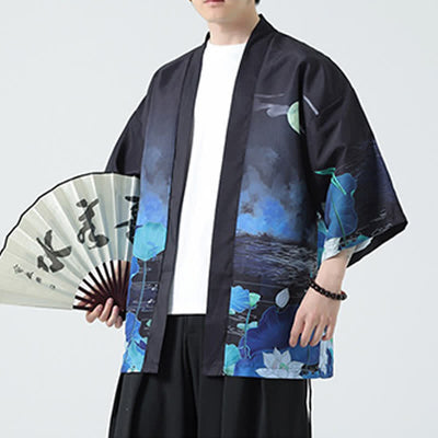 Buddha Stones Summer Casual Vintage Crane Print Men's Kimonos - Lotus - US/UK/AU48, EU58 (5XL) - image 37