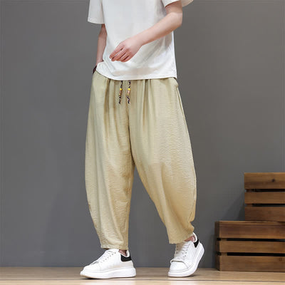 Buddha Stones Summer Casual Minimalist Drawstring Solid Cropped Pants Men's Harem Pants With Pocket - image 29