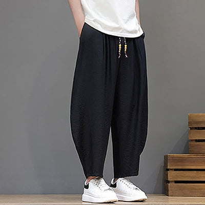 Buddha Stones Summer Casual Minimalist Drawstring Solid Cropped Pants Men's Harem Pants With Pocket - image 10