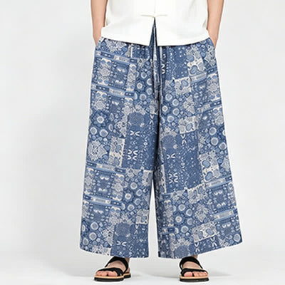 Buddha Stones Summer Boho Casual Drawstring Floral Capri Pants Men's Wide Leg Pants With Pocket - image 2