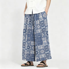 Buddha Stones Summer Boho Casual Drawstring Floral Capri Pants Men's Wide Leg Pants With Pocket - SteelBlue - US/UK/AU48, EU58 (5XL) - image 0