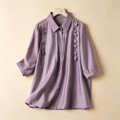 Buddha Stones Summer Elegant Vintage Button-up Solid Front Pleated Ruffle Women's Short Sleeve Shirts - Thistle - US8-10, UK/AU12-14, EU40-42 (2XL) - image 0