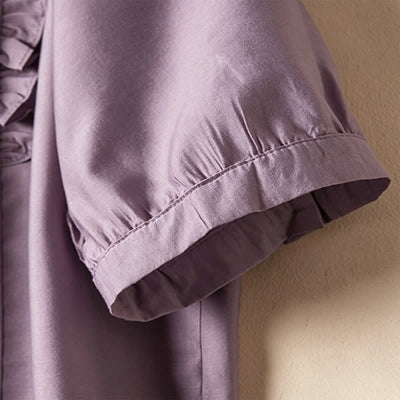 Buddha Stones Summer Elegant Vintage Button-up Solid Front Pleated Ruffle Women's Short Sleeve Shirts - image 6