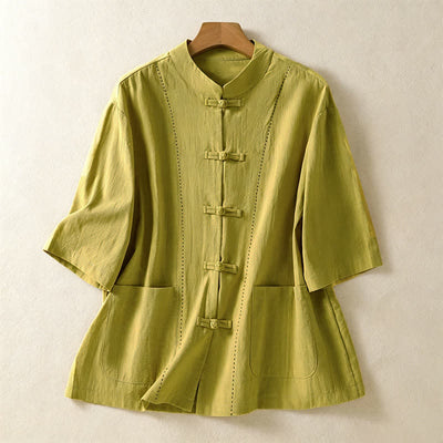 Buddha Stones Summer Tang Style Vintage Mandarin Collar Frog Button Solid Women's Short Sleeve Shirts With Pockets - YellowGreen - US8-10, UK/AU12-14, EU40-42 (2XL) - image 17