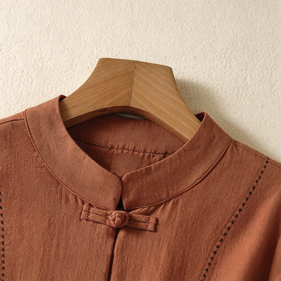 Buddha Stones Summer Tang Style Vintage Mandarin Collar Frog Button Solid Women's Short Sleeve Shirts With Pockets - image 10