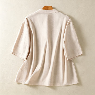 Buddha Stones Summer Tang Style Vintage Mandarin Collar Frog Button Solid Women's Short Sleeve Shirts With Pockets - image 1
