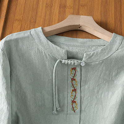 Buddha Stones Summer Boho Tang Style Embroidery Drawstring Solid Women's Short Sleeve Shirts - image 1