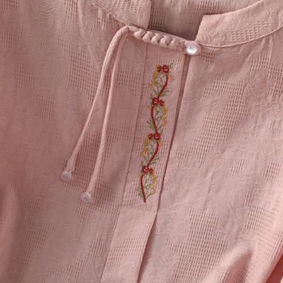 Buddha Stones Summer Boho Tang Style Embroidery Drawstring Solid Women's Short Sleeve Shirts - image 10