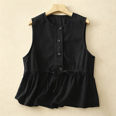 Buddha Stones Summer Casual Vintage Button-Up Drawstring Solid Tank Top Women's Sleeveless Shirts - Black - US8-10, UK/AU12-14, EU40-42 (2XL) - image 7