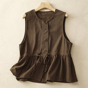 Foviel Sommer Casual Vintage Knopf-Up Tunnelzug einfarbig Tank Top Damen Ärmellose Hemden