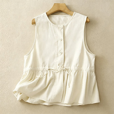 Buddha Stones Summer Casual Vintage Button-Up Drawstring Solid Tank Top Women's Sleeveless Shirts - Linen - US8-10, UK/AU12-14, EU40-42 (2XL) - image 13