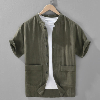 Buddha Stones Summer Vintage Mandarin Collar Button Up Solid Men's Short Sleeve Shirts With Pockets - DarkOliveGreen - US/UK/AU42，EU52 (3XL) - image 11