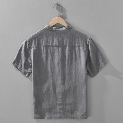 Buddha Stones Summer Vintage Mandarin Collar Button Up Solid Men's Short Sleeve Shirts With Pockets - image 1