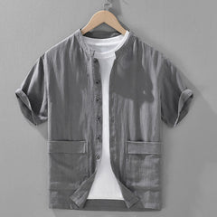 Buddha Stones Summer Vintage Mandarin Collar Button Up Solid Men's Short Sleeve Shirts With Pockets - Gray - US/UK/AU42，EU52 (3XL) - image 0