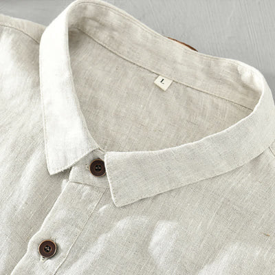 Buddha Stones Summer Casual Minimalist Button-Up Solid Linen Men's Short Sleeve Shirts - image 4