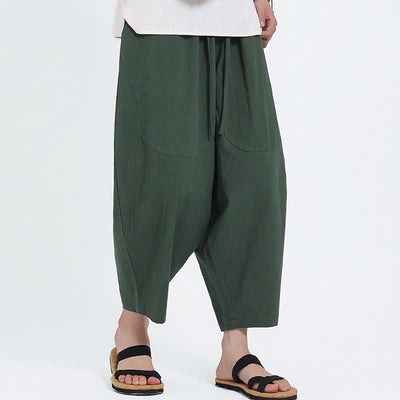Buddha Stones Summer Casual Drawstring Solid Cotton Linen Capri Pants Men's Harem Pants With Pockets - image 4