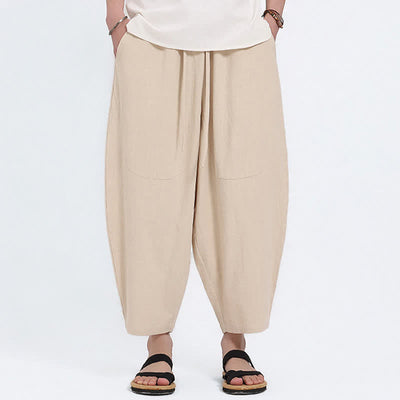 Buddha Stones Summer Casual Drawstring Solid Cotton Linen Capri Pants Men's Harem Pants With Pockets - Beige - US/UK/AU46，EU56 (5XL) - image 15