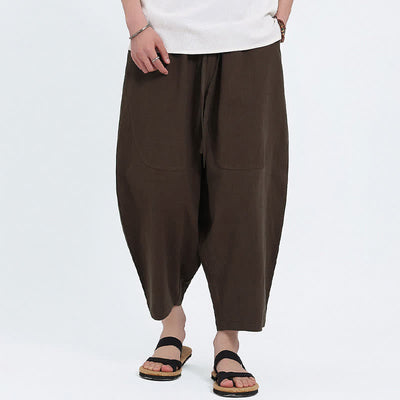 Buddha Stones Summer Casual Drawstring Solid Cotton Linen Capri Pants Men's Harem Pants With Pockets - image 12
