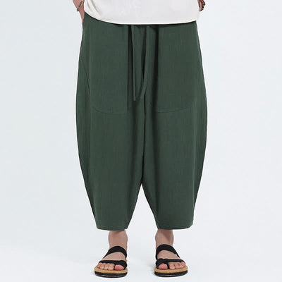 Buddha Stones Summer Casual Drawstring Solid Cotton Linen Capri Pants Men's Harem Pants With Pockets - image 1
