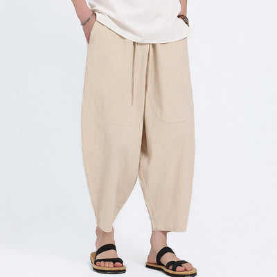 Buddha Stones Summer Casual Drawstring Solid Cotton Linen Capri Pants Men's Harem Pants With Pockets - image 16