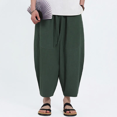 Buddha Stones Summer Casual Drawstring Solid Cotton Linen Capri Pants Men's Harem Pants With Pockets - image 6