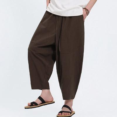 Buddha Stones Summer Casual Drawstring Solid Cotton Linen Capri Pants Men's Harem Pants With Pockets - image 10