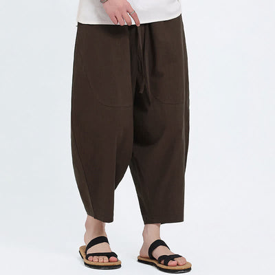 Buddha Stones Summer Casual Drawstring Solid Cotton Linen Capri Pants Men's Harem Pants With Pockets - image 8