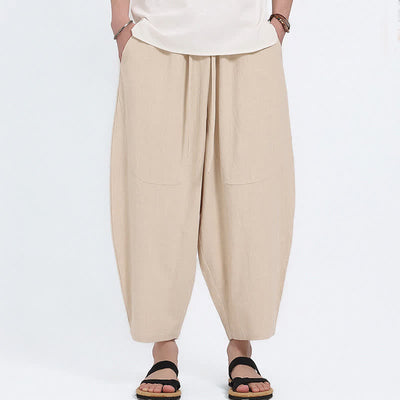 Buddha Stones Summer Casual Drawstring Solid Cotton Linen Capri Pants Men's Harem Pants With Pockets - image 22