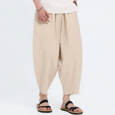 Buddha Stones Summer Casual Drawstring Solid Cotton Linen Capri Pants Men's Harem Pants With Pockets - image 23