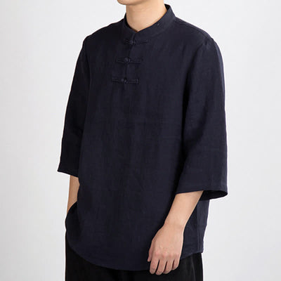 Buddha Stones Summer Tang Style Mandarin Collar Frog Button Solid Men's Three-Quarter Sleeve Shirts - image 10