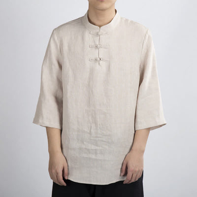 Buddha Stones Summer Tang Style Mandarin Collar Frog Button Solid Men's Three-Quarter Sleeve Shirts - image 2