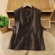 Foviel Summer Tang Style Minimalist Mandarin Collar Button-Up Solid Women's Sleeveless Shirts Tank Top With Pocket