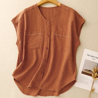 Buddha Stones Summer Casual Minimalist Button-Up Patch Pocket Solid Women's Sleeveless Shirts Tank Top With Pocket - Peru - US8-10, UK/AU12-14, EU40-42 (2XL) - image 14