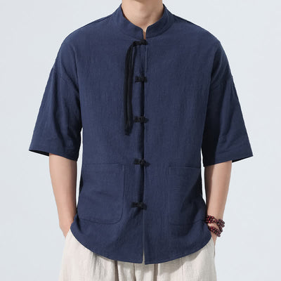 Buddha Stones Summer Tang Style Casual Mandarin Collar Frog Button Solid Men's Elbow-Length Sleeve Shirts With Pocket - Navy - US/UK/AU46，EU56 (5XL) - image 0