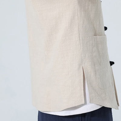 Buddha Stones Summer Tang Style Casual Mandarin Collar Frog Button Solid Men's Elbow-Length Sleeve Shirts With Pocket - image 18