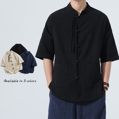 Buddha Stones Summer Tang Style Casual Mandarin Collar Frog Button Solid Men's Elbow-Length Sleeve Shirts With Pocket - image 8