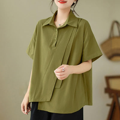 Buddha Stones Summer Casual Minimalist Button-up Solid Asymmetric Layered Design Women's Short Sleeve Shirts - image 2