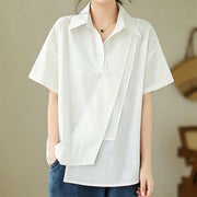 Foviel Summer Casual Minimalist Button-up Solid Asymmetric Layered Design Women's Short Sleeve Shirts