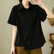Foviel Sommer Casual Minimalist Knopf-up einfarbig Asymmetrische Layered Design Damen Kurzarm Hemden