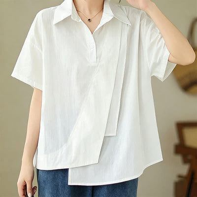 Buddha Stones Summer Casual Minimalist Button-up Solid Asymmetric Layered Design Women's Short Sleeve Shirts - image 21